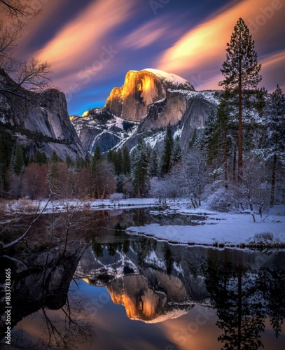 Winter sunset glow on yosemite half dome reflected in water