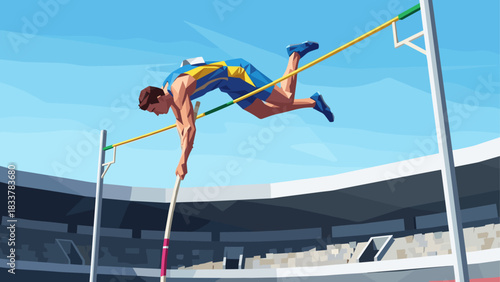 Dynamic pole vault athlete soaring in stadium with clear blue sky background