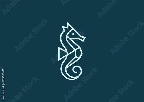 A geometric simple line seahorse logo with refined linear curves forming its elegant body, symbolizing creativity, elegance, and fluid harmony