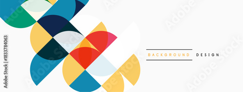 Abstract geometric shapes overlap, creating vibrant colorful design. White space dominates composition, modern aesthetic.