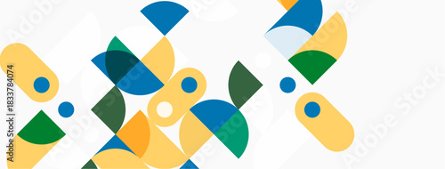 Abstract geometric shapes overlap. Yellow, green, blue tones dominate composition. Minimalist design, clean aesthetic. Modern visual elements present.