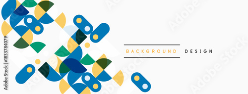 Abstract geometric shapes, vibrant colors, clean design. Background features overlapping forms, modern aesthetic. Minimalist composition.