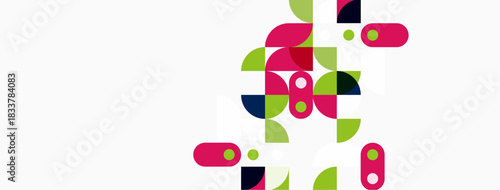 Abstract geometric shapes, pink, green, blue hues. Minimalist design, clean background, modern aesthetic. Composition feels dynamic, playful.