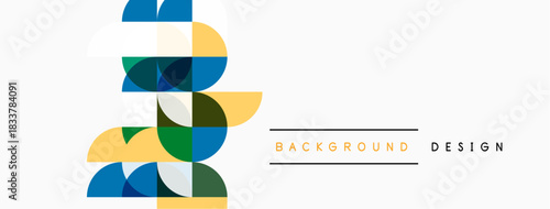 Abstract geometric shapes stacked vertically. Blue, green, yellow hues dominate design. Minimalist style, clean background.