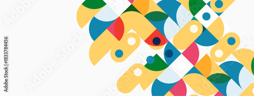 Abstract colorful shapes overlap white space. Geometric patterns create dynamic visual texture. Bright hues offer modern aesthetic.