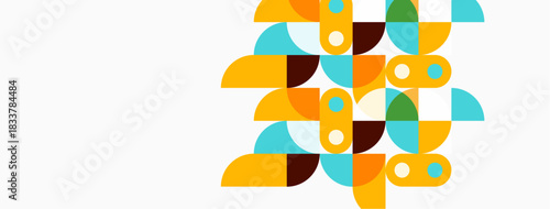 Abstract geometric pattern. Circles, arcs, shapes overlap creating colorful design. Minimalist style, modern aesthetic. Bright hues dominate composition.