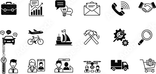 Business and tech icon set, communication, transportation, innovation, teamwork, logistics, remote work, e-commerce, maintenance, search, professional, support