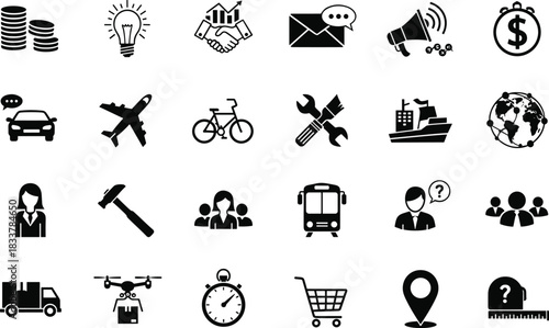Business icons set, finance, communication, transportation, teamwork, innovation, logistics, global connectivity, tools, shopping, inquiry, delivery, measurement