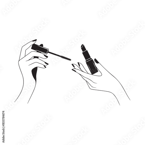 Elegant hands applying mascara and lipstick in sketch style
