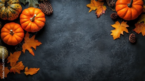 Pumpkins and autumn leaves on a dark background create a seasonal arrangement