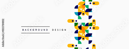 Abstract geometric shapes, vibrant colors, modern design. Background features squares, circles, rectangles, playful composition.