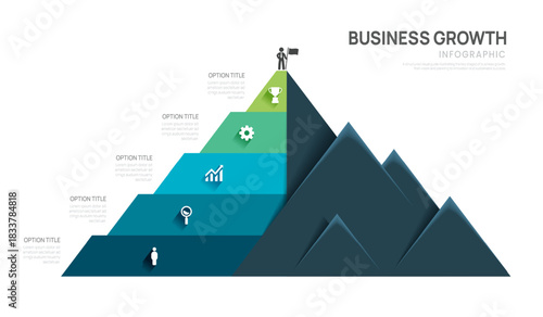 5 Step Business mountain pyramid infographic template. steps to success strategy and financial growth process.