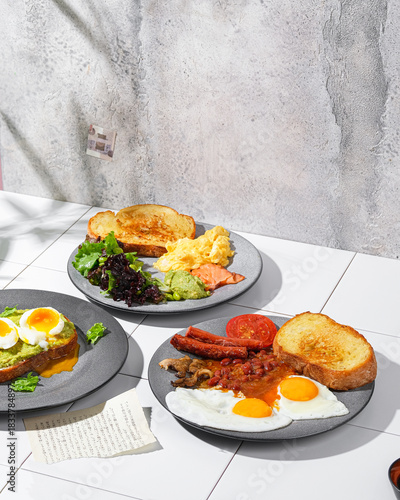 Sunlit setting showcasing comforting breakfast with eggs and bacon