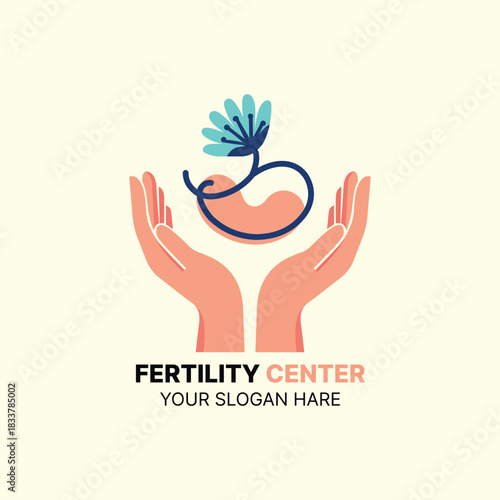 Minimalist logo design for a fertility center featuring stylized hands gently cradling a shape resembling a uterus with a blooming flower, symbolizing growth and new life in healthcare concept