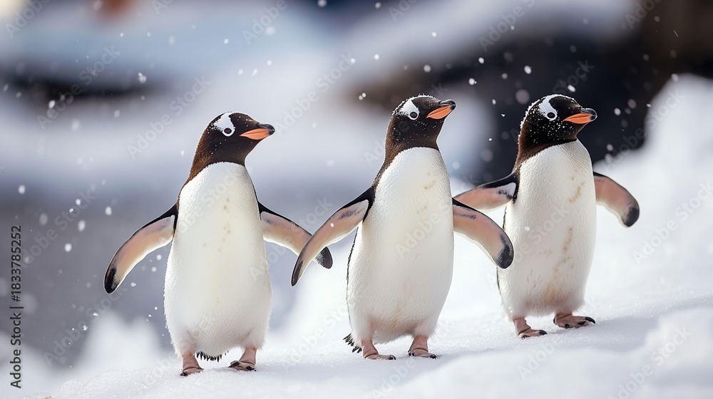 Fototapeta premium Three adorable penguins waddle across a snowy landscape, playfully embracing the falling snow.