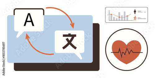 Chat bubbles with language symbols, data chart, fitness graph, and heart monitor. Ideal for communication, health apps, analytics, global services AI tools education technology. Simple flat