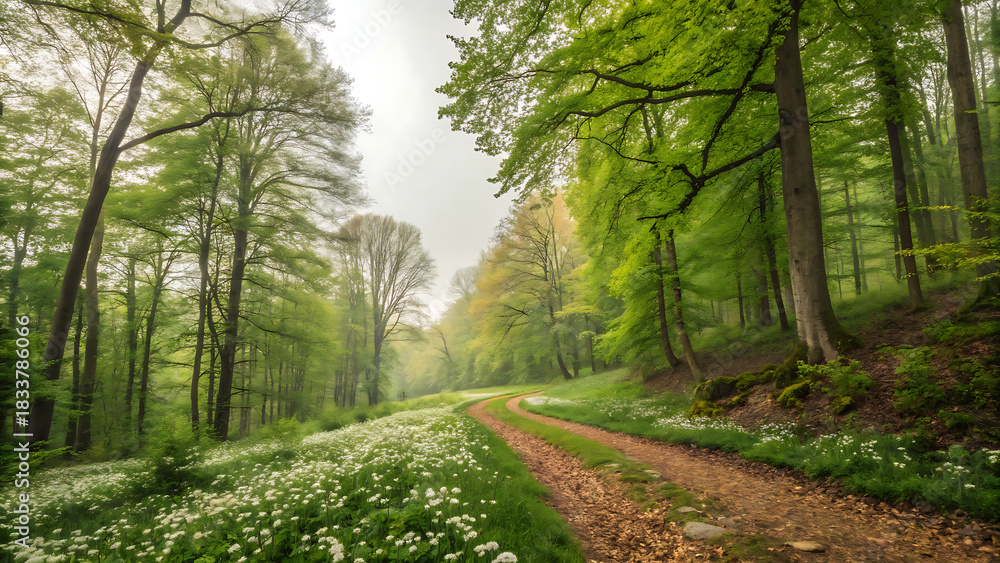Obraz premium Dirt path through a lush green spring forest