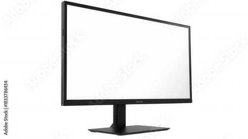 A black computer monitor with a blank white screen displayed on a black stand on a black surface on transparent background