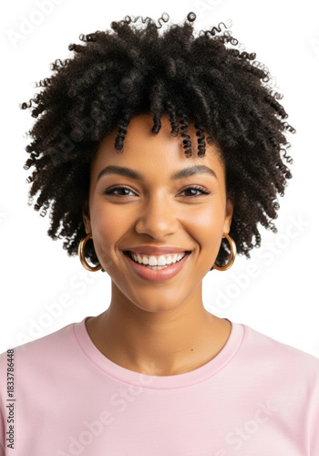 young mixed-race woman with a genuine wide smile and lush coiled afro, wearing a pink t-shirt, professional high-key studio portrait on transparent background, concept of celebrating natural beauty