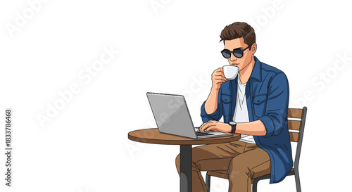 Man enjoying coffee while using laptop at a cafe, ideal for travel, leisure, and remote work, with sunglasses, vector style illustration