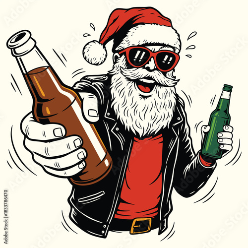 Funny Biker Santa Claus Partying with Two Beer Bottles Vector