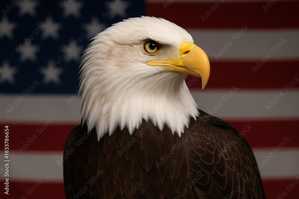 Obraz premium Majestic Bald Eagle: An up-close portrait of a dignified bald eagle, with its piercing gaze, a symbol of freedom, standing proudly against the backdrop of the American flag. 