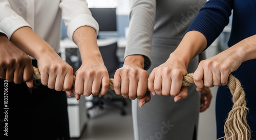 Diverse business team hands holding a rope together in unity symbolizing strength and cooperation