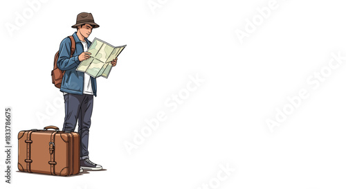 A young man with a backpack and a suitcase looks at a map, symbolizing the joy and adventure of travel planning and exploration