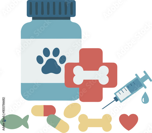 Veterinary medicine and pet healthcare supplies concept illustration.