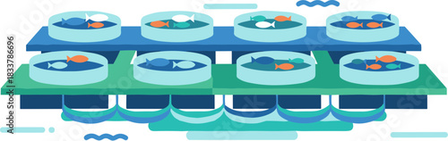 Modern indoor fish farming and aquaculture system illustration.
