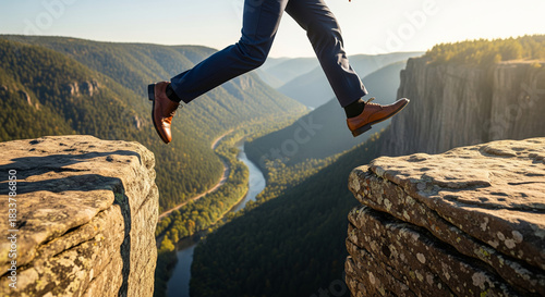 Legs of a businessman taking a risky leap across a dangerous canyon cliff gap