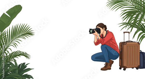 Capturing breathtaking travel moments A dedicated photographer documents her exciting vacation journey with a camera, surrounded by lush tropical plants and luggage