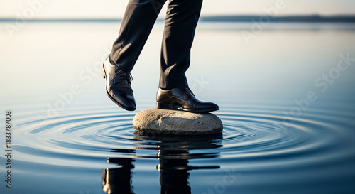Businessman balancing on a single stepping stone in calm water symbolizing strategic risk and stability