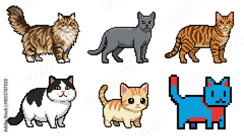 A collection of pixelated cat illustrations in various colors and breeds, showcasing a retro, 8-bit style.