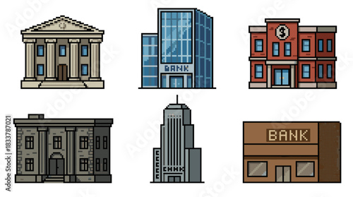 Collection of various bank building illustrations, showcasing different architectural styles and designs.