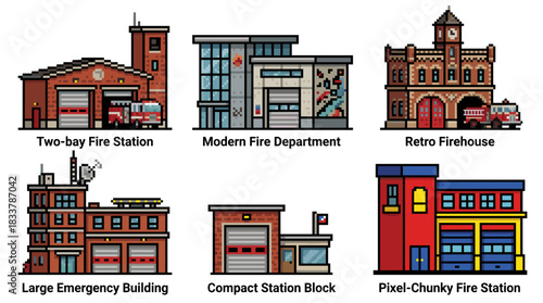 A collection of six different fire station building illustrations in various pixel art and vector styles.