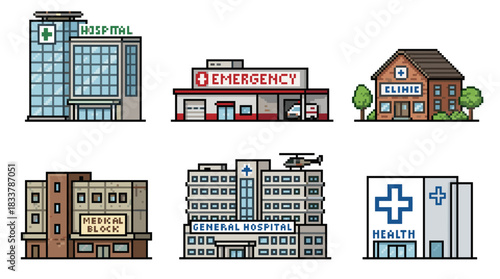 A collection of six pixel art illustrations depicting various types of medical facilities, including hospitals, an emergency room, a clinic, and a medical block.