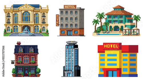 Pixelated illustrations of various hotel buildings, showcasing diverse architectural styles and designs.