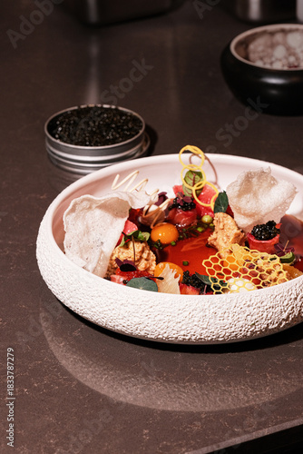 Luxurious gourmet serve with delicate foam and textured porcelain dish