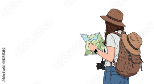 A young female traveler embarks on an exciting journey, carefully reviewing her map to discover new destinations and plan her next adventure