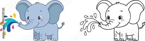 Cute Baby Elephant Splashing Water Fun Set Color and Outline Design