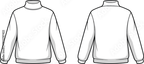 Fashion flat sketch of a white long-sleeved mock neck top with ribbed collar and cuffs drawing