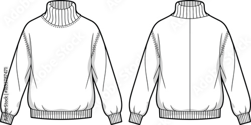 Fashion flat sketch of a white long-sleeved turtleneck sweater with ribbed collar cuffs and hem drawing