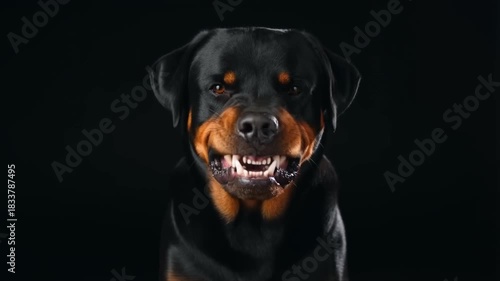 Rottweiler marron et noir qui grogne pour protéger sa maison, il est féroce. Isolé sur fond noir 