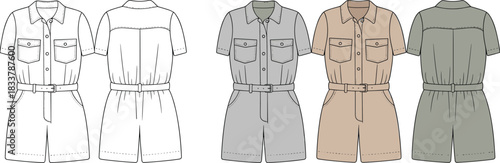 Flat fashion illustration of five short sleeve romper outfits in various colors and line art jumpsuit