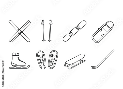 Collection of winter sports equipment in a line drawing style for posters and marketing materials about winter adventures and activities