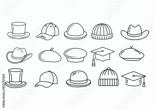 Collection of Different Hat Styles in Minimalist Black and White Line Art Design Featuring Various Caps Headwear and Accessories