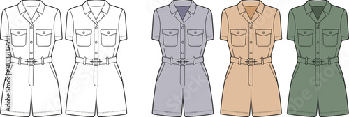 Flat fashion illustration of five short sleeve romper outfits in various colors and line art jumpsuit