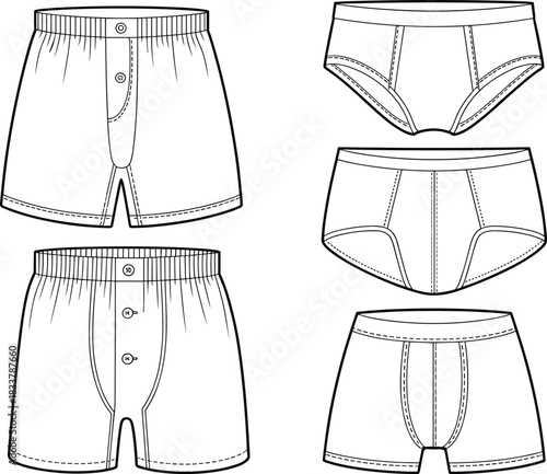 Flat fashion illustration of men's underwear styles in line art briefs boxers