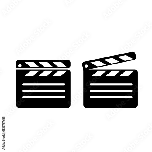 Black and white cinema clapperboard icon set, featuring closed and open positions. A solid, modern vector symbol for the film industry, video production, or media applications